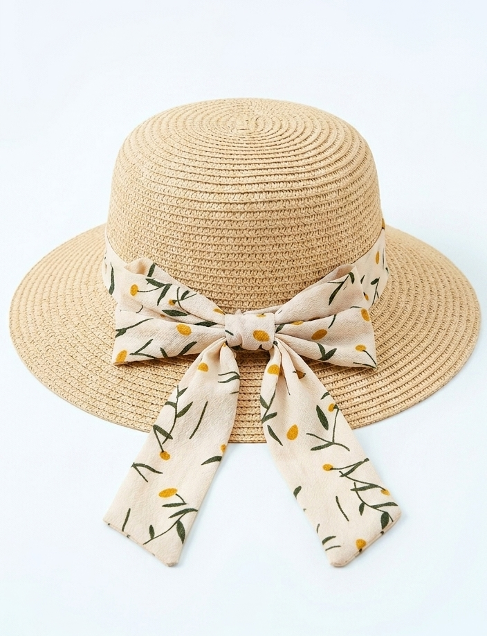 Beige Straw Hat with White Floral Bow