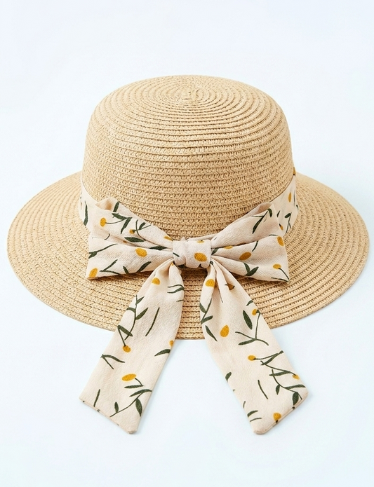 Beige Straw Hat with White Floral Bow