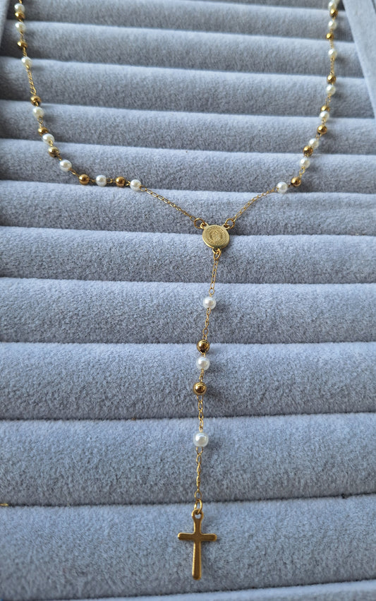 Pearl & Gold Stainless Steel Rosary