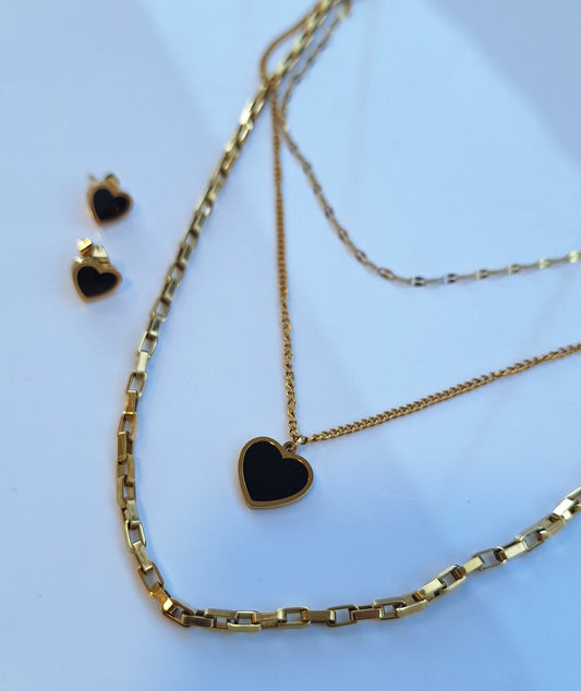 Three Layered Black Heart Necklace Set